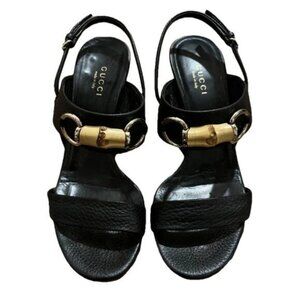 Gucci Black Leather Horsebit Heeled Sandals